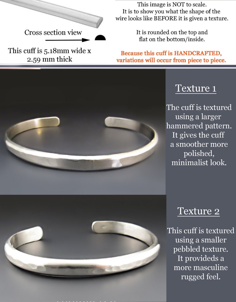 May include: A silver-colored metal cuff bracelet with a semi-circular cross-section, measuring 5.18 mm wide and 2.59 mm thick. The image displays two variations: one with a large hammered texture and another with a smaller, pebbled surface finish.