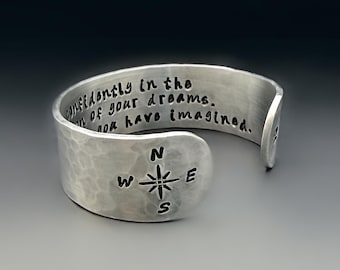 Go Confidently - Direction of Your Dreams Silver Bracelet | Unisex Cuff | Follow Your Dreams | Thoreau Quote | Compass Graduation Gift