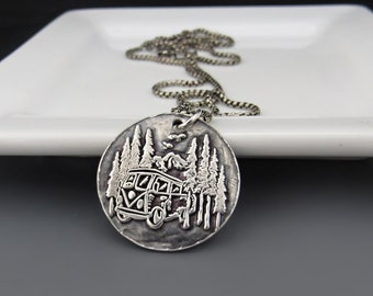 Sterling Silver Camper Necklace | Mountain Necklace | RV Van Pendant | The Mountains Are Calling | Van Life Happy Camper