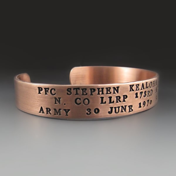 Personalized Copper KIA Memorial Bracelet | Custom 1/2 Inch Wide Cuff | Handcrafted in the USA | End of Watch First Responder Jewelry