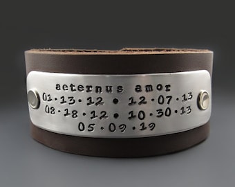 Men's Leather Bracelet, Add Your Text | 1.25 inch wide Personalized Cuff | Silver Metal Plate | Anniversary Gifts for Husband & Boyfriend