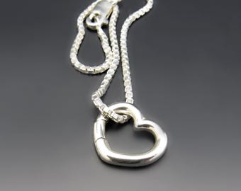 Sterling Silver Amulet Charm Holder Necklace | Heart Shaped Spring Loaded Push Clasp | Box Chain | Interchangeable Pendant Hinged Clasp