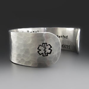 1 Inch Wide Custom Silver Aluminum Medical Alert Bracelet, LOTS Of TEXT, Personalized Cuff, Allergy Alert, Diabetic, EMS Star of Life
