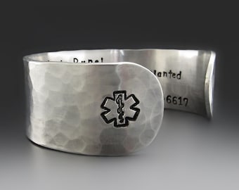 1 Inch Wide Custom Silver Aluminum Medical Alert Bracelet, LOTS Of TEXT, Personalized Cuff, Allergy Alert, Diabetic, EMS Star of Life