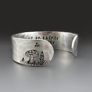 Personalized Gnome & Mushroom Bracelet , Add Your Custom Text, Silver Aluminum Cuff, Personalized Jewelry, Hand Stamped