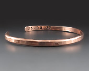Personalized Thin Copper Cuff Bracelet, Custom Hand Stamped , Hammered Cuff, Gifts for Her / Him, 7 year Anniversary Gifts