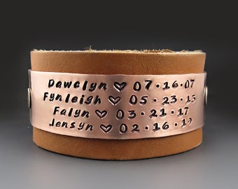 Men's Personalized Leather Cuff | 1.25 inches wide | Custom Copper, Brass, Aluminum  Metal Plate  7th Year Anniversary Gifts for Her/Him