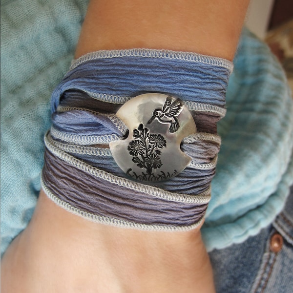 Hummingbird & Flowers Silk Ribbon Wrap Bracelet | Garden Lovers Round Charm | Silver Hand Stamped Botanical Jewelry for Gardners