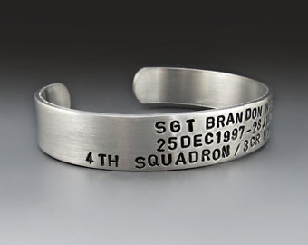 Personalized KIA Silver Aluminum Cuff  | Fallen Soldier Memorial Bracelet |  1/2 Inch Wide | 10 Year Anniversary Gift Ideas | Gifts for Him