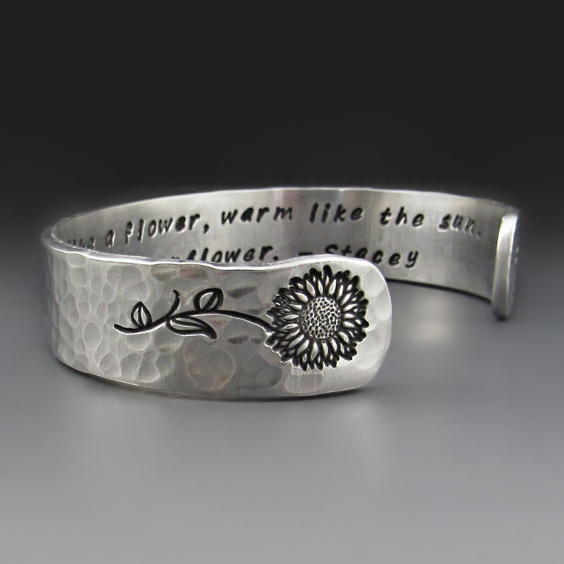 Personalized Sunflower Bracelet, Your Words, 1/2 inch wide Cuff, Aluminum Custom Cuff, Graduation, Gifts for Mom, For Her, Anniversary image 1