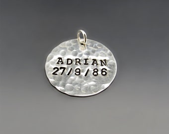 Personalized Sterling Silver Round Name Charm | Hand Engraved with Your Text | 7/8 Custom Pendant | Anniversary and Graduation Gift