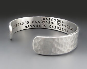 Unisex Binary Code Bracelet | 1/2 inch wide Handcrafted I Love You Silver Aluminum Cuff | Anniversary Gift Ideas | Boyfriend / Girlfriend