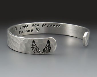 Personalized Guardian Angel Wing Bracelet, Silver Aluminum Custom Cuff,  Protection Jewelry, Graduation Gift, Gifts for Mom & Daughter