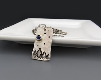 Sterling Silver Forrest Moon & Night Sky Necklace with Sapphire Gemstone | Handmade Engraved Jewelry | Gifts for Her, Daughter, Mom