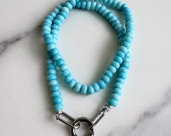 Blue Turquoise GLASS Beaded Charm Holder Necklace | Silver Stainless Steel Round Or Heart Shaped Push Clasp