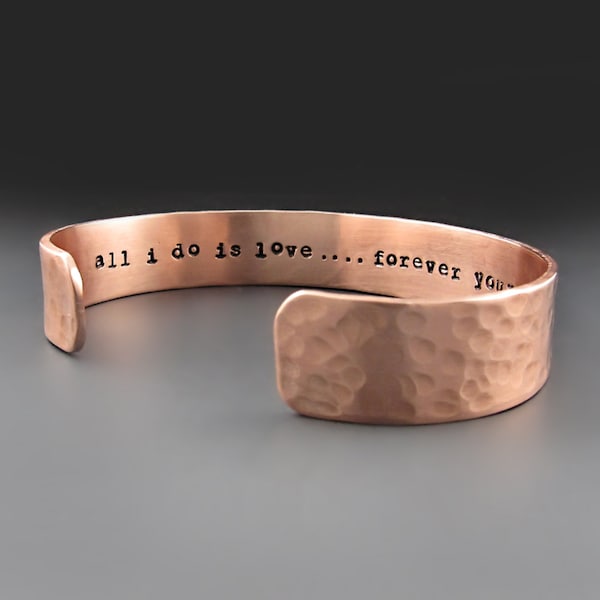 Personalized Engraved 1/2 inch wide Copper Bracelet | Hammered Metal Cuff |  Custom 7 Year Anniversary Gifts for Her, Him | Mens Golf Cuff