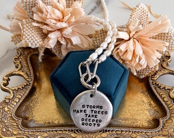 Freshwater Pearl Charm Holder Necklace with Personalized Hand-Engraved Silver Pewter Charm