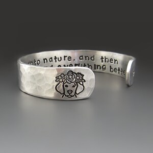 Personalized Bracelet with Dog Head | Puppy with Flower Crown | Custom Text | 1/2 inch wide Hand-Stamped Aluminum Cuff for Pet Lovers