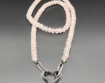 Pink GLASS Beaded Charm Holder Necklace | Silver Stainless Steel Round Or Heart Shaped Push Clasp