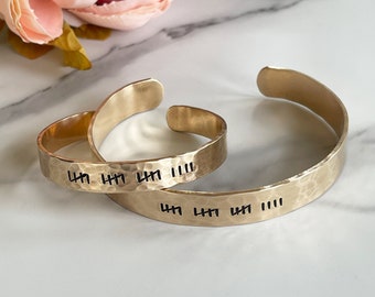 Personalized Gold Bronze Anniversary Bracelet | Custom Hammered Cuff | Tally Marks or Text  | 1/2 inch wide | Gift For Husband / Wife