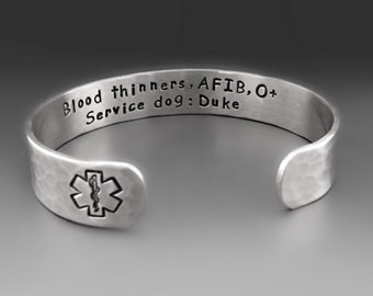 Women's Custom Silver Medical Alert Bracelet, 1/2 inch wide Personalized Aluminum Medical Cuff, Allergy Alert, Diabetic, EMS Star of Life