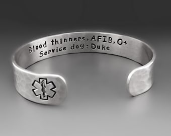 Women's /Men's Custom ALUMINUM Medical Alert Bracelet | 1/2 inch wide | Custom Medical Cuff | Allergy Alert, Diabetic, EMS Star of Life