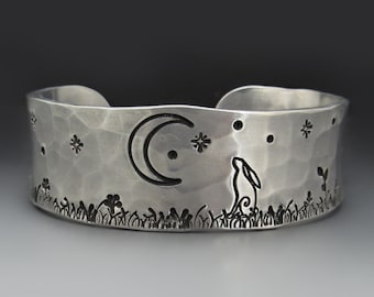 Year Of The Rabbit Bracelet,  3/4 inch Wide Silver Cuff