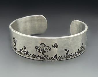 Personalized  Flower & Butterfly Bracelet |  Your Choice of Flower | 3/4 inch wide  Aluminum or Pewter