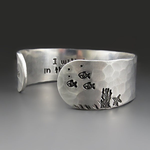 Personalized Silver Ocean Cuff Bracelet, Add Your Custom Text, Aquarium Bracelet, Hand Stamped Personalized Jewelry