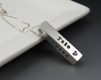 Personalized 4-Sided Silver Vertical Bar Necklace | Handmade Jewelry | Hand-Engraved Charm | Anniversary Gifts of Love for Her / Daughter