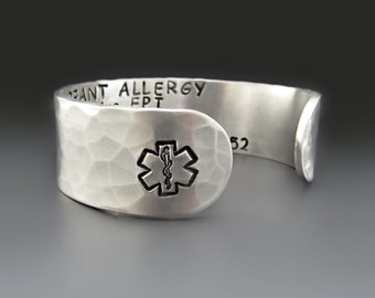 3/4 Inch Wide Custom Silver ALUMINUM Medical Alert Bracelet | LOTS Of TEXT | Personalized Emergency Medical Cuff | Allergy Alert, Diabetic