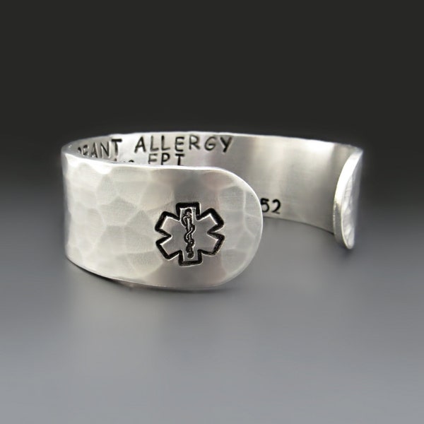 3/4 Inch Wide Custom Silver ALUMINUM Medical Alert Bracelet | LOTS Of TEXT | Personalized Emergency Medical Cuff | Allergy Alert, Diabetic