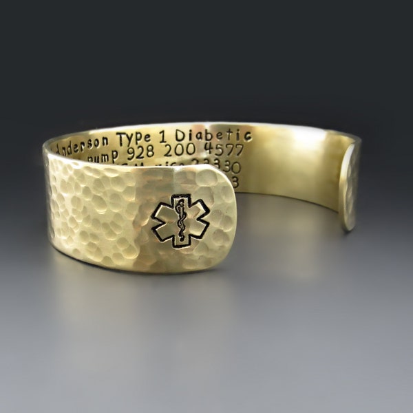 Wide Gold Brass Medical Alert Bracelet | 3/4 inch EMS Star of Life Cuff | Jewelry for Diabetes, Seizures, Allergies | Emergency Information