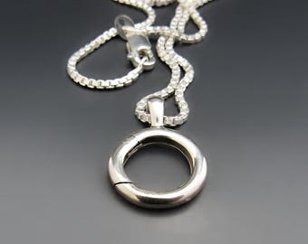 Sterling Silver Amulet Charm Holder Necklace | Smooth Charm Holder | Box Chain | Interchangeable Pendant Hinged Clasp | Easy Change
