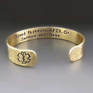 Gold Brass Medical Alert Bracelet | 1/2 inch wide cuff | EMS Star of Life Jewelry for Diabetes, Seizures, Allergies | Emergency Information