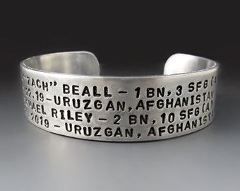 Personalized KIA Silver Aluminum Cuff | Memorial Fallen Soldier Bracelet |  3/4 Inch Wide | Gift Ideas For Him | Soldier's Wife