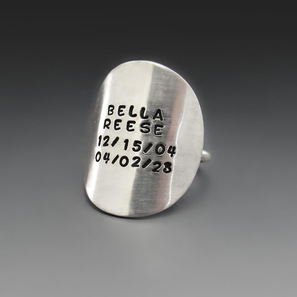 Personalized Round Sterling Silver Ring | Custom Hand Stamped | Add Names, Dates Quotes | Handmade Jewelry Gift for Mother's Day, Graduation