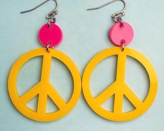 Yellow Peace Sign Dangle Earrings | 70s Retro Acrylic Jewelry