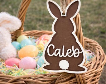 Personalized Wooden Bunny Easter Basket Tag • Custom Name Sign