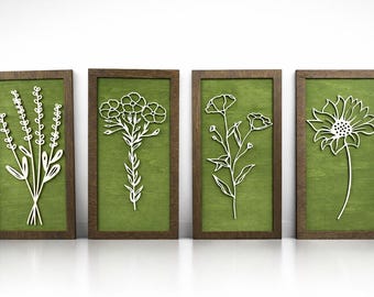 Wood Wildflower Wall Art Set – Boho Botanical Decor