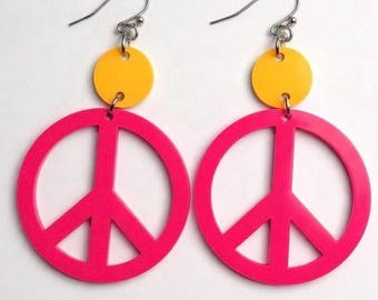 Hot Pink Peace Sign Earrings | 70s Retro Acrylic Dangles