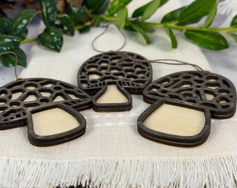 Boho Mushroom Ornament Set of 3 | Geometric Wood Mushroom Ornaments | Cottagecore Christmas Decor | Rustic Woodland Gift Set |
