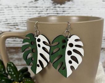 Monstera Split Leaf Earrings, Monstera Albo, Lightweight Wood, Boho Plant Lover Gift
