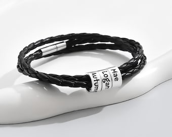 Personalized Men Black Braid Names Bracelet, Custom Family Names Charm Beads Bracelet, Inspirational Jewelry Gift for Dad from Daughter Son