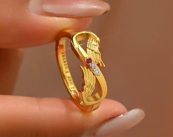 Angel Wing Ring , Angel Wing Infinity 3 Birthstone Ring, Personalized Family Birthstone Ring, Mother's Day Chirstmas Gift, Gift for Mom