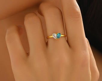 カスタムペアカット誕生石リング、パーソナライズされたToi et Moiの宝石リング、ヴィンテージジュエリー、母の日ギフトに最適、誕生石付きマザーリング