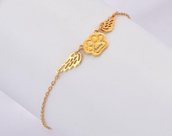 Angel Winged Paw Print Name Bracelet, Handmade Pet Jewelry, Dog Memorial Gift for Her, Mother's Day Gift, Dog Friendly Memorial Bracelet