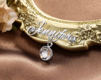 Broche con nombre personalizado y piedra de nacimiento, broche con monograma para vestido, broche personalizado, prendedor de solapa con nombre, regalo para dama de honor, regalo de joyería navideña.
