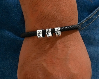 Personalized Men Black Braid Names Bracelet, Custom Family Names Charm Beads Bracelet, Inspirational Jewelry Gift for Dad from Daughter Son