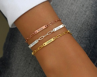Engraved Name Bracelet, Custom Mini Name Bar Bracelet, Charm Bracelet with Dainty Paperclip Chain, Mom Gift, Birthday Gift, Christmas Gift